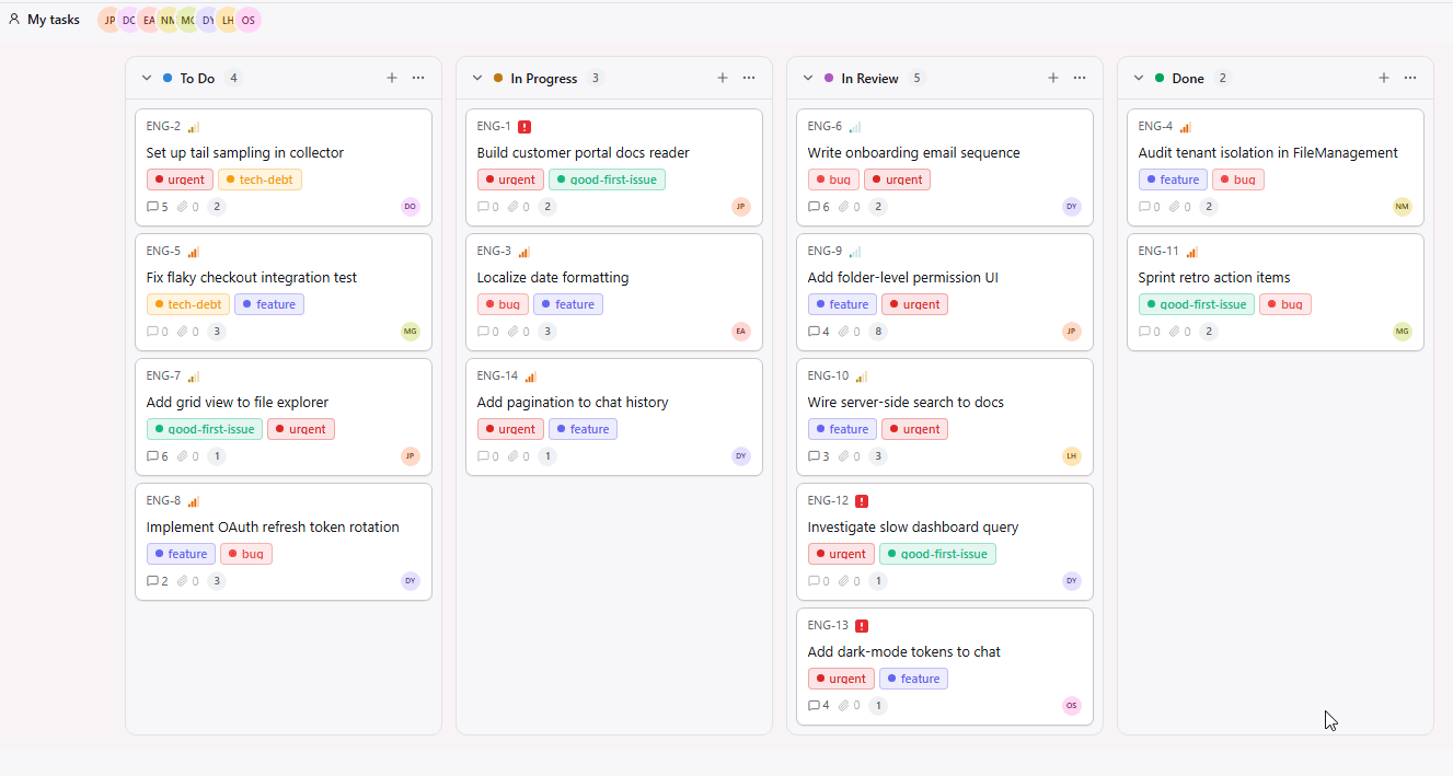 Kanban board — drag a task across columns